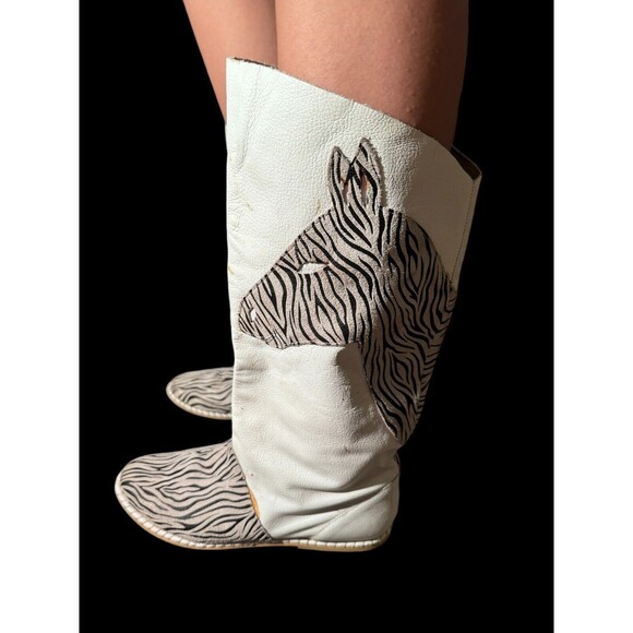Vintage Candies Flat Leather Boots Bordeaux 70s 80s Zebra Print - Picture 3 of 8